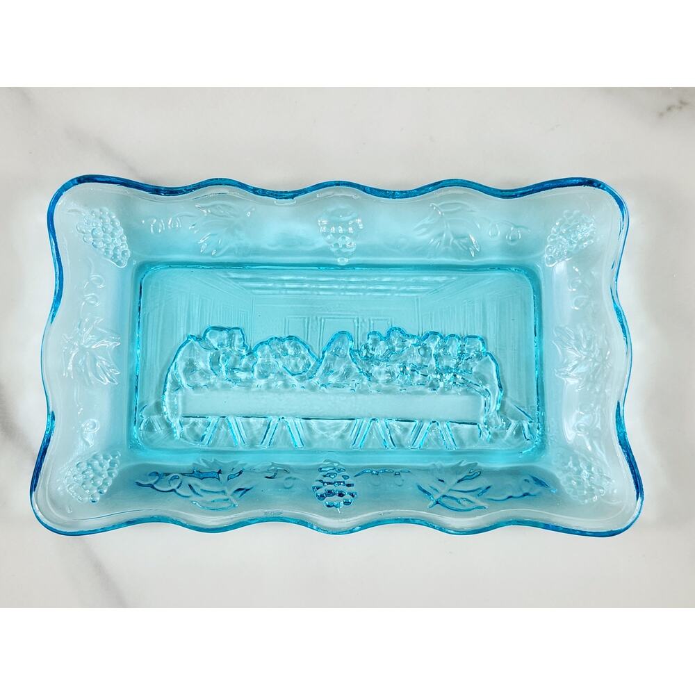 Christmas The Last Supper Aqua Blue Indiana Glass Dish Tray 5 1/2" x 3 1/2" 70s
